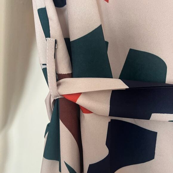 Mosaic Print Shirt Dress - Blue Orange Cream Green Belted Button Down - S - Picture 6 of 10